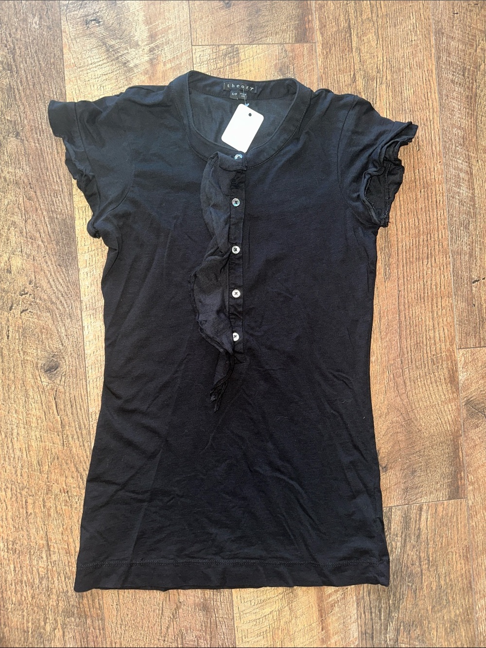 Theory Black Short-Sleeve Ruffle-Front Tee - Picture 1 of 6